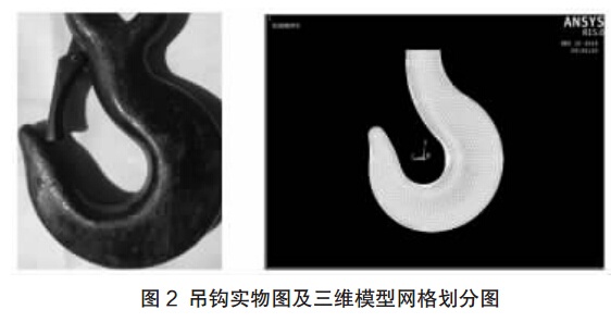 吊鉤實(shí)物圖及三維模型網(wǎng)格劃分圖